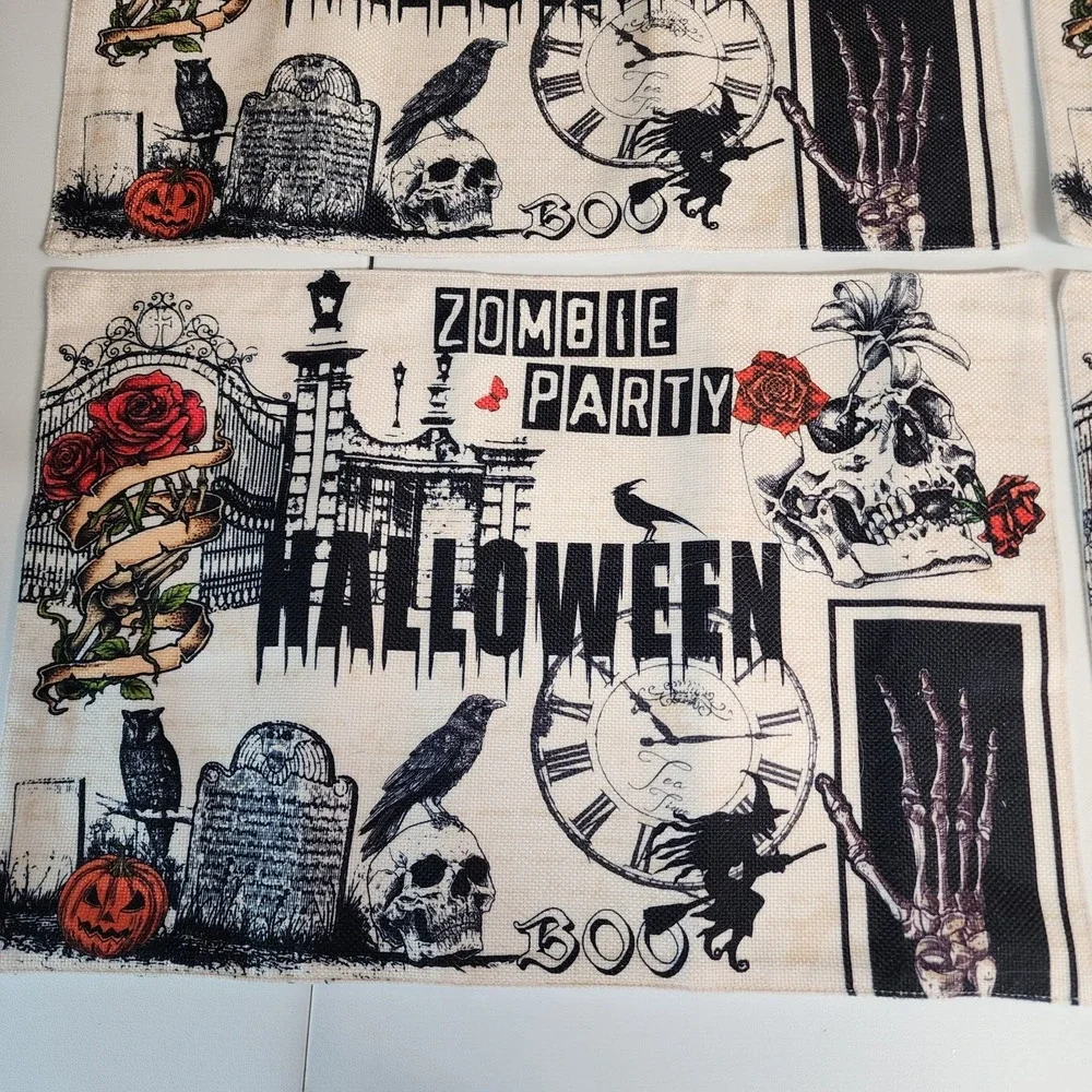 Halloween Theme Place Mats 4 Pack Roses Crows Skulls Spooky Zombie Party 18x12